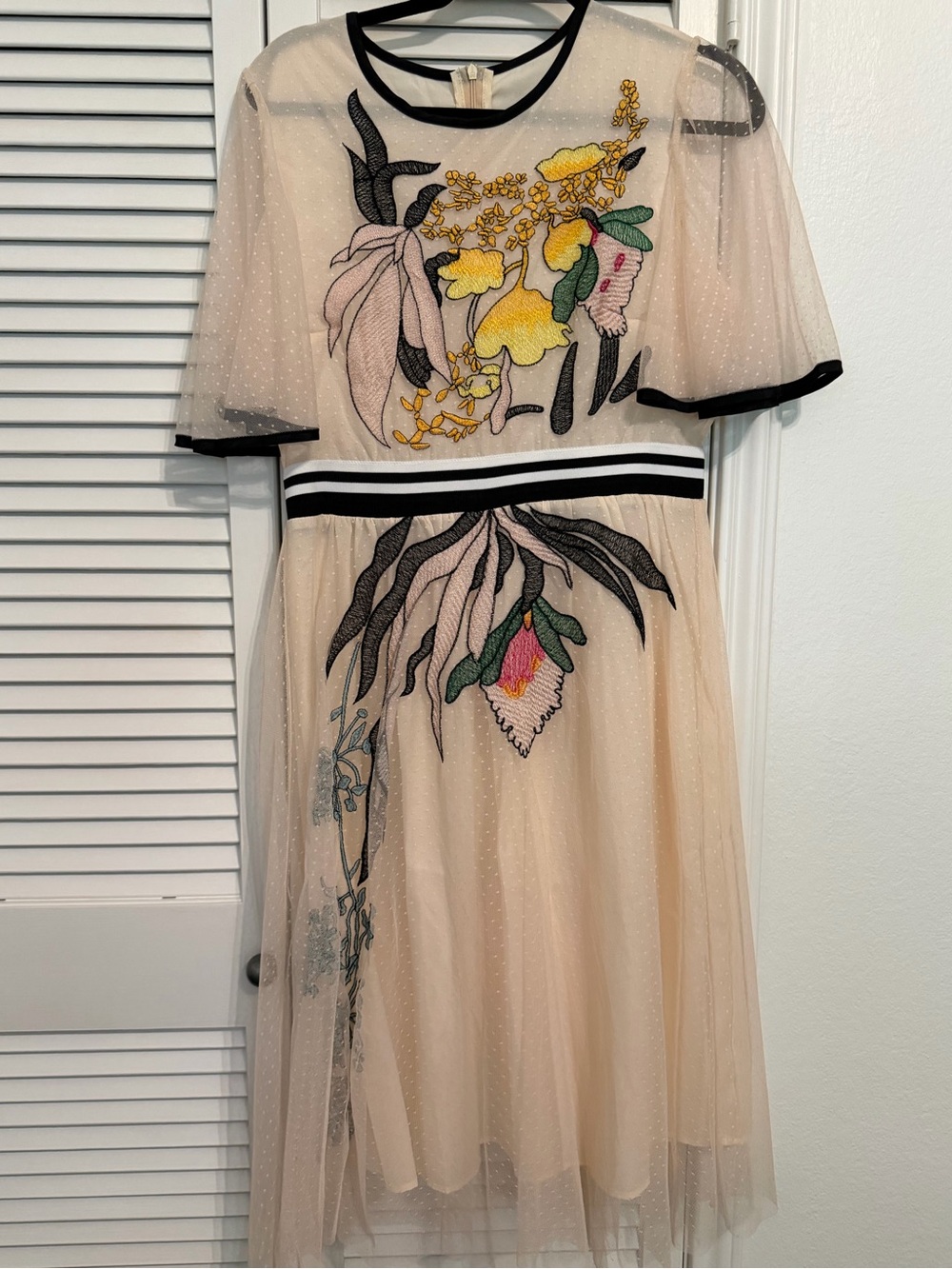 Sheer Embroidered Midi Dress in Blush with Floral Appliqué